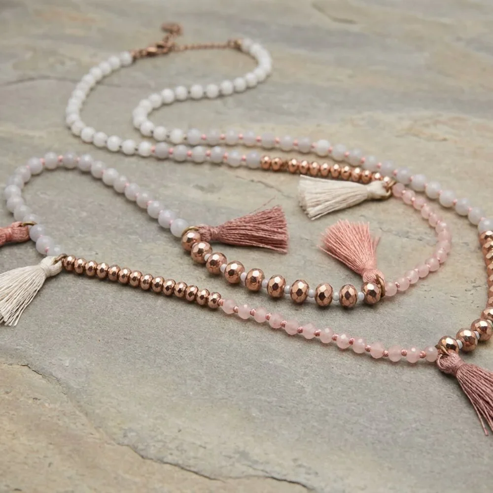 J.Crew 32" Long Beaded Tassel Necklace | Rose Gold, Gray & Blush Pink - Picture 5 of 7